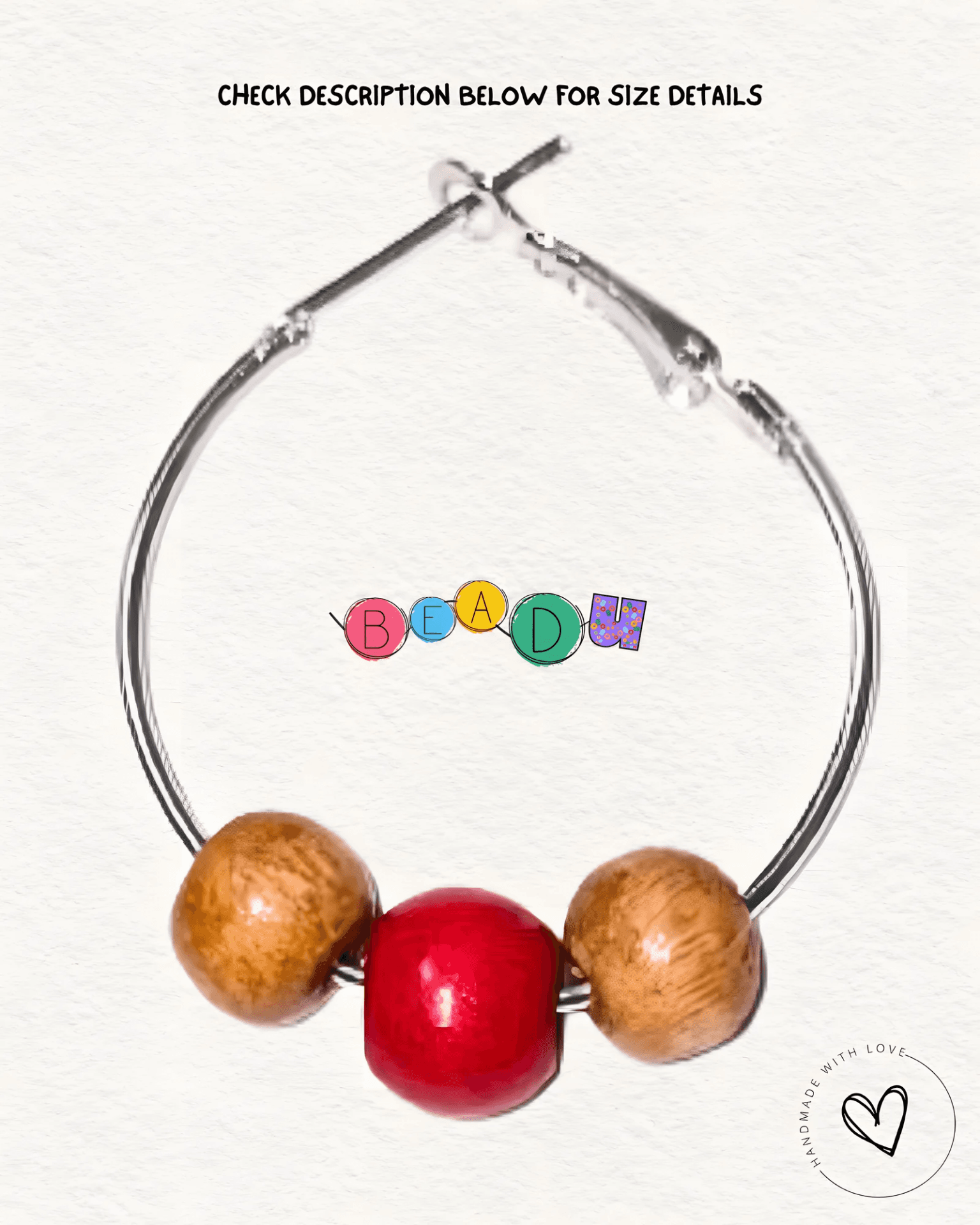 Silver Hoop with Coral Red Wooden Bead view 1