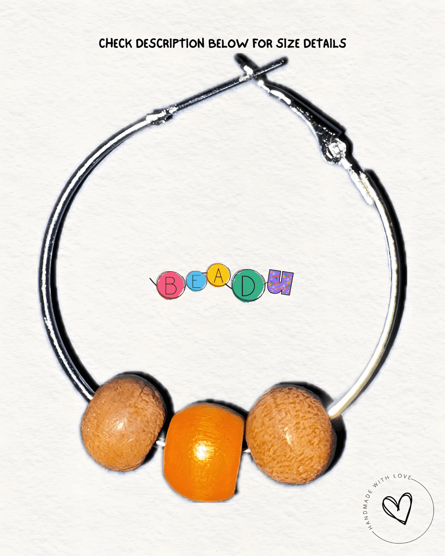 Silver Hoop with Tangerine Orange Wooden Bead view 1