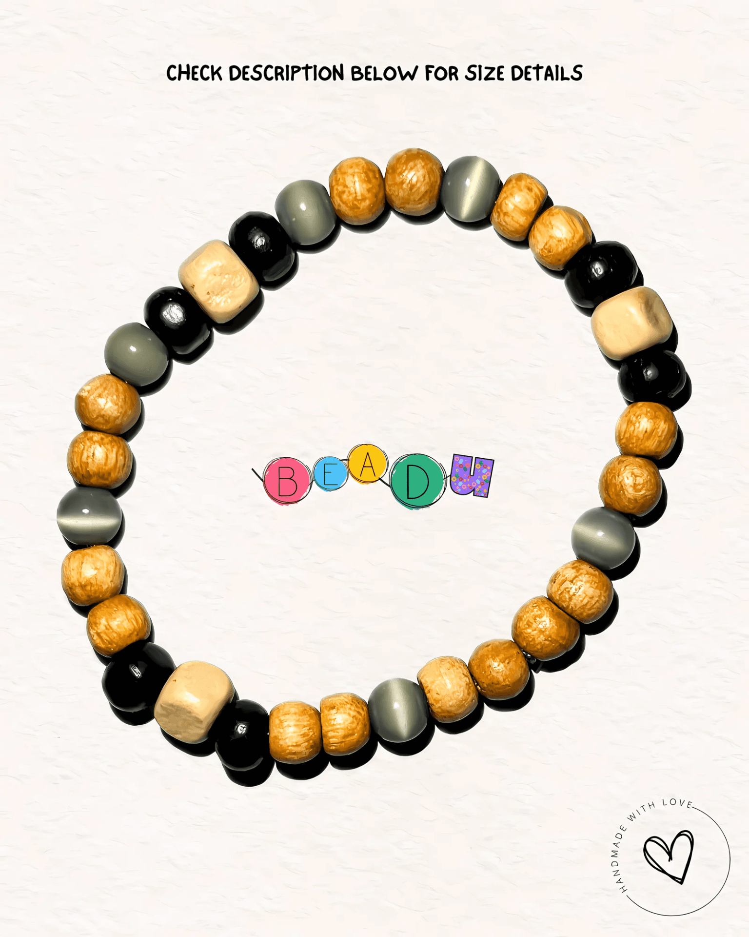 Glossy Obsidian Onyx & Natural Wood Spacer Bracelet view 2